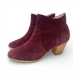Anthropologie Burgundy Suede Heeled Ankle Boots Side Zip Size 9.5